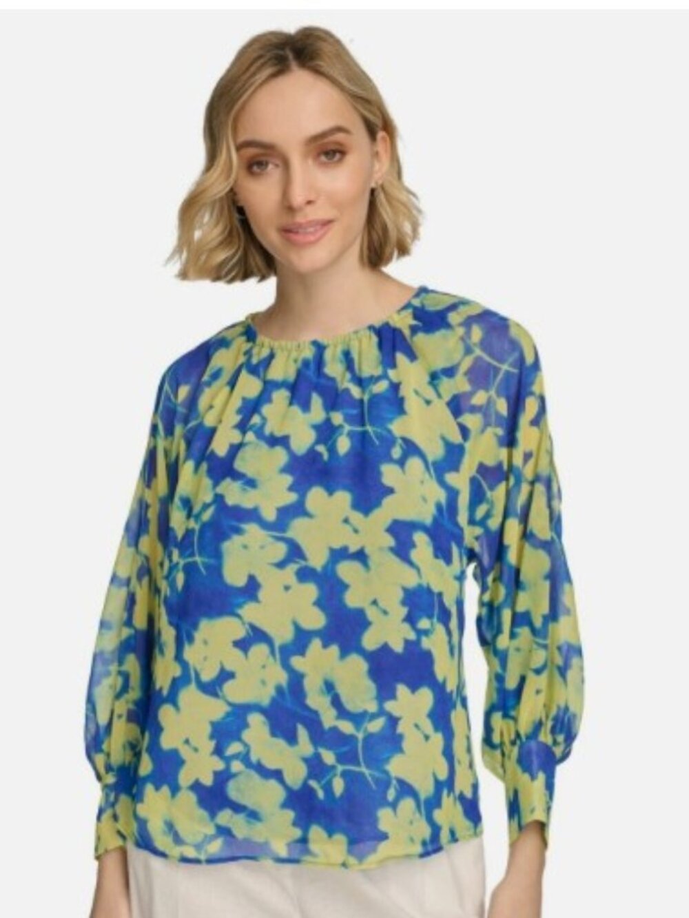 Calvin Klein Floral Gathered Split Sleeve Top Size XL Retails $89.50
